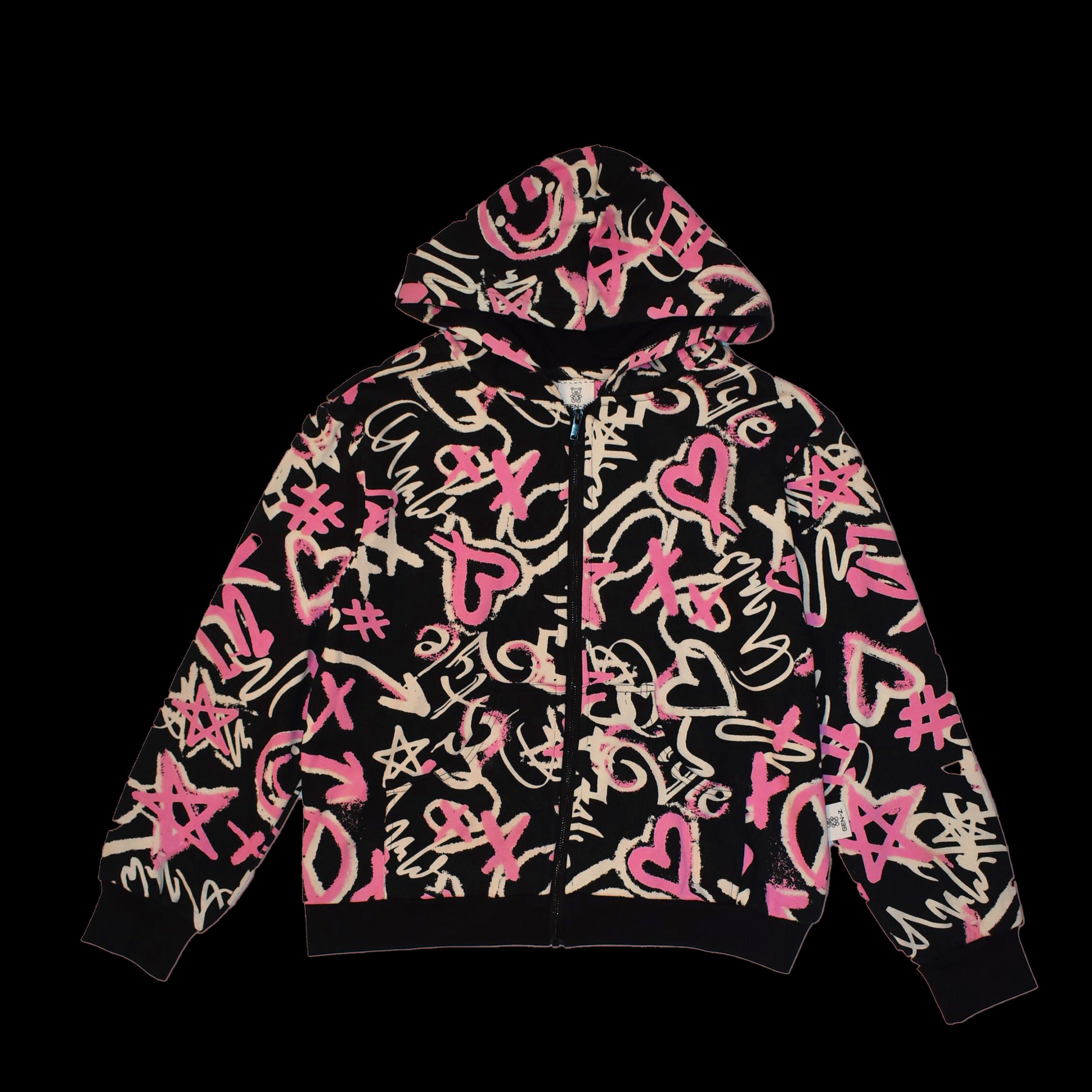 PEACE, LOVE & HAPPINESS PRINTED ZIP FRONT HOODIE.