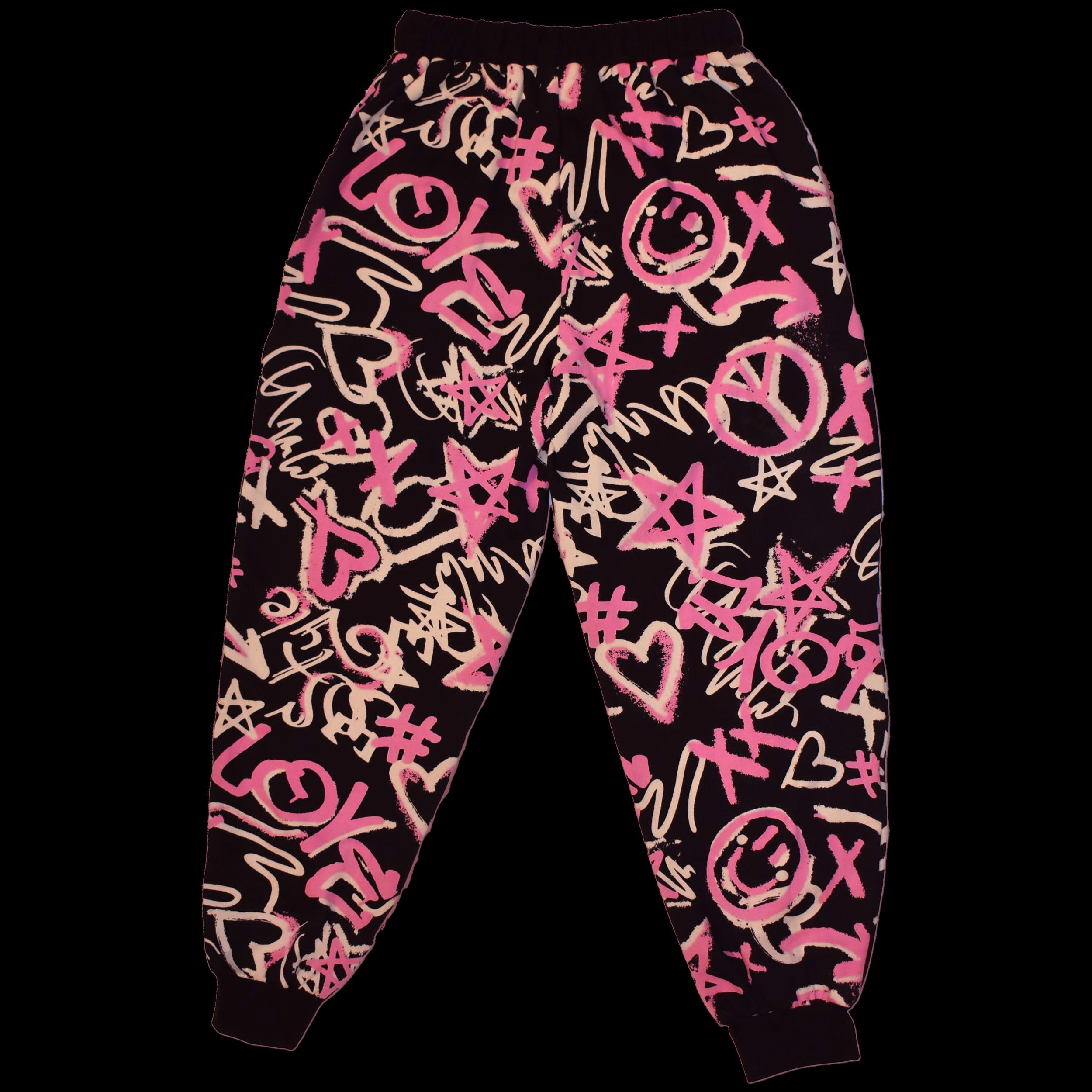 PEACE, LOVE & HAPPINESS PRINTED BAGGY JOGGERS.