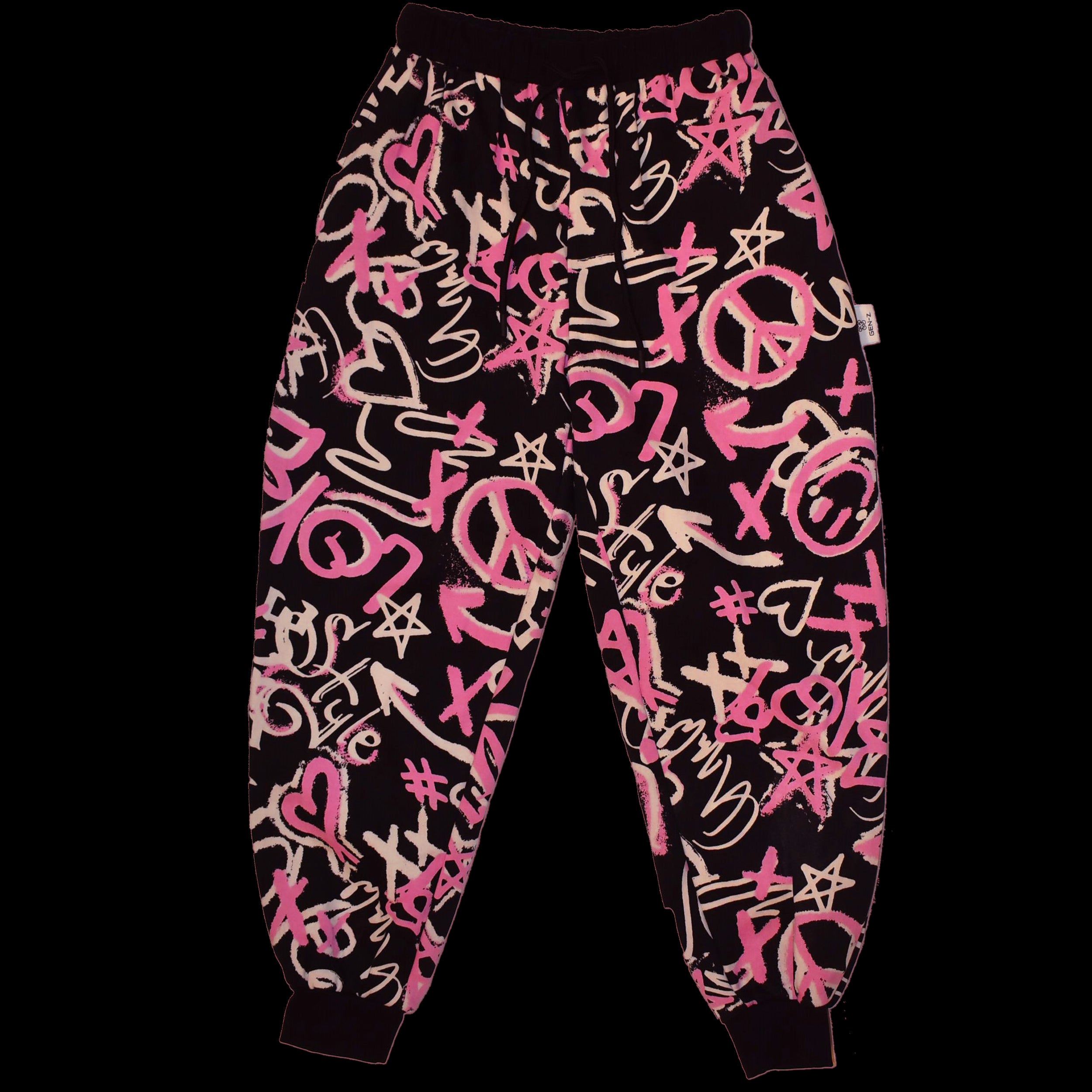 PEACE, LOVE & HAPPINESS PRINTED BAGGY JOGGERS.